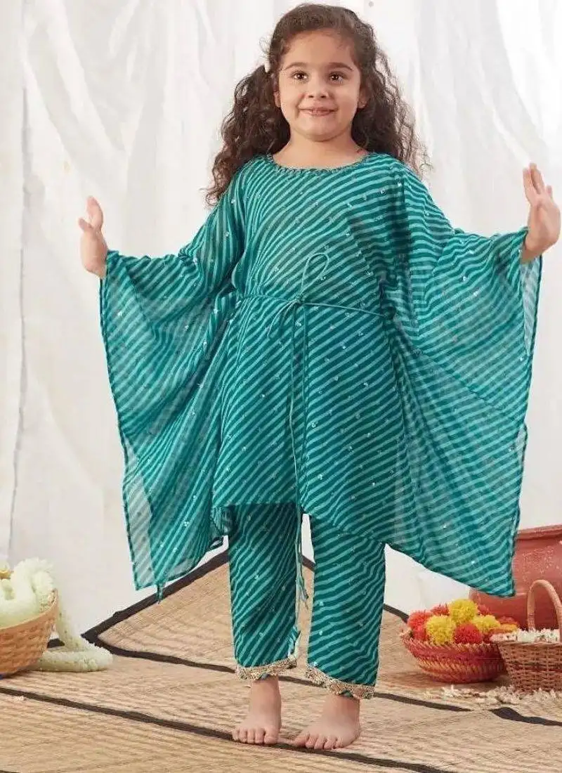 Turquoise leheriya kaftan set for kids