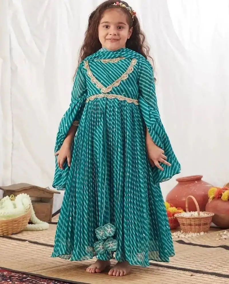 Turquoise leheriya anarkali dress for kids