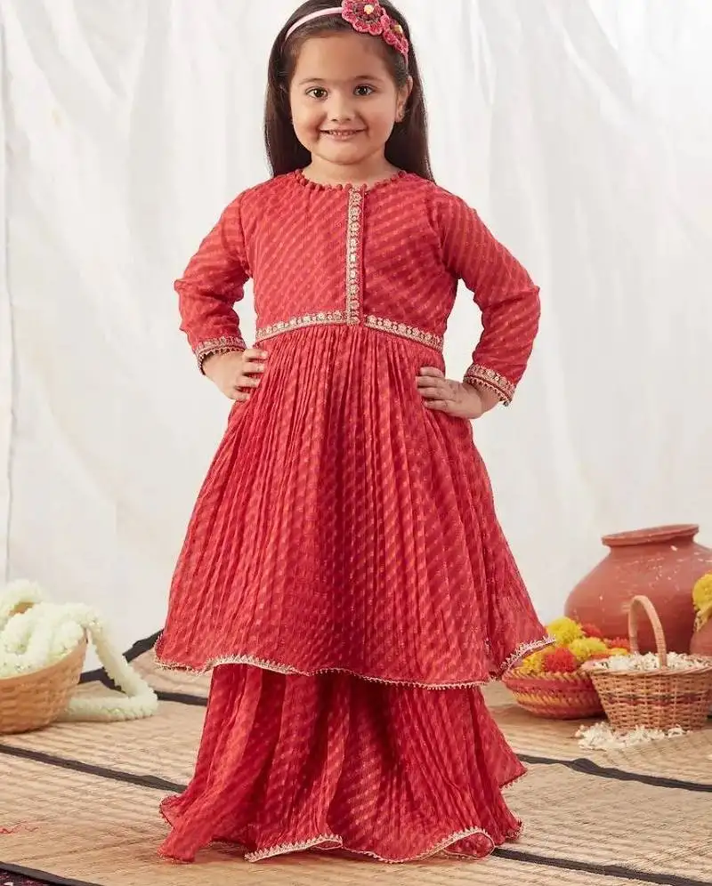 Red leheriya print lehenga with top for girls