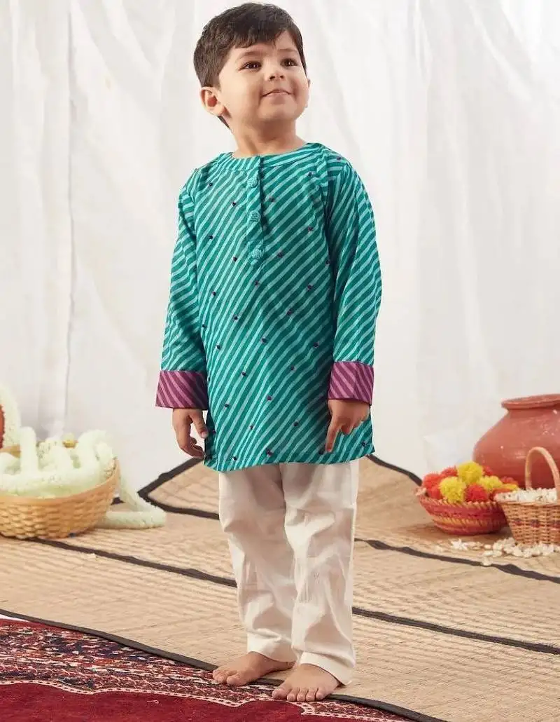 Turquoise leheriya short kurta set
