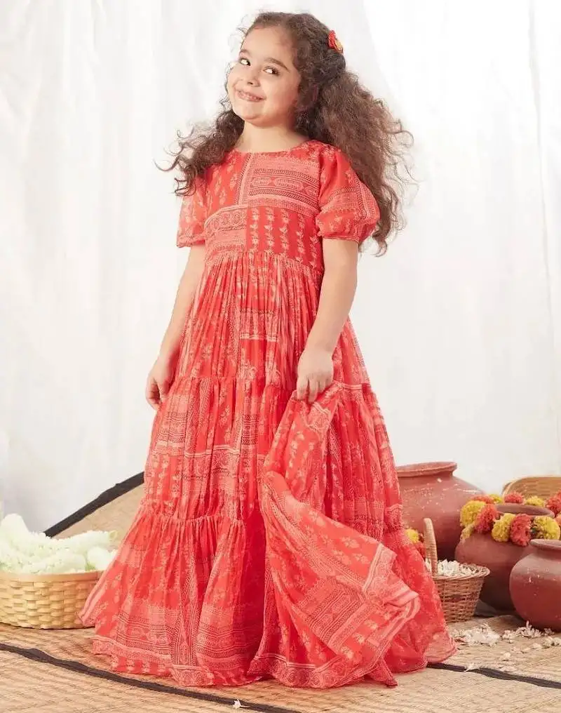 Red block printed dress for girls