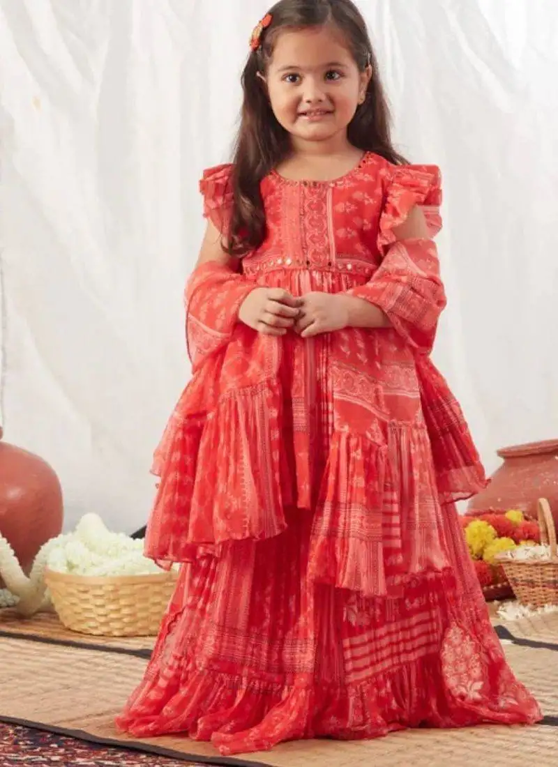 Red block printed peplum top & ghaghra