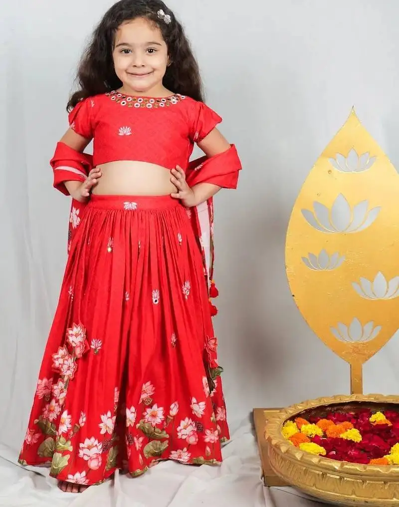 Red printed & embroidered lehenga set for girls