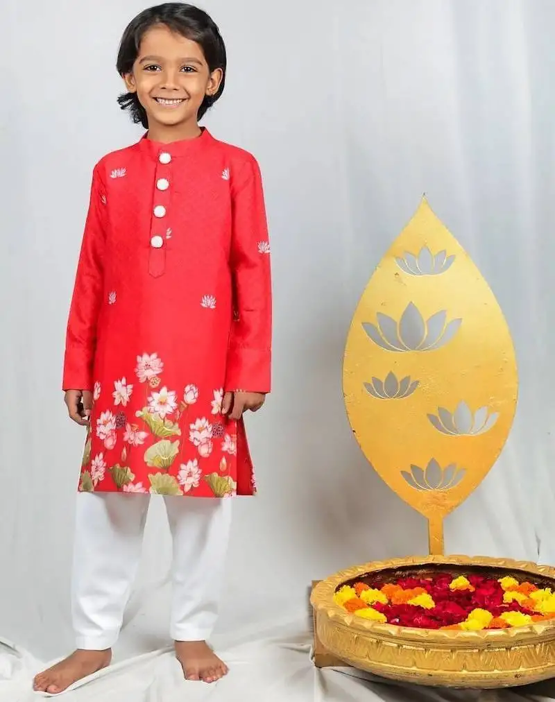Red crepe hand embroidered kurta set for boys