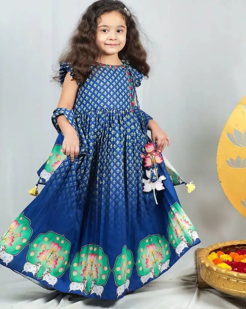 Blue crepe printed angrakha set for girls