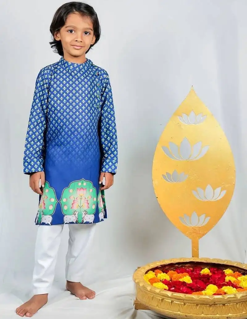 Blue crepe printed kurta set for boys