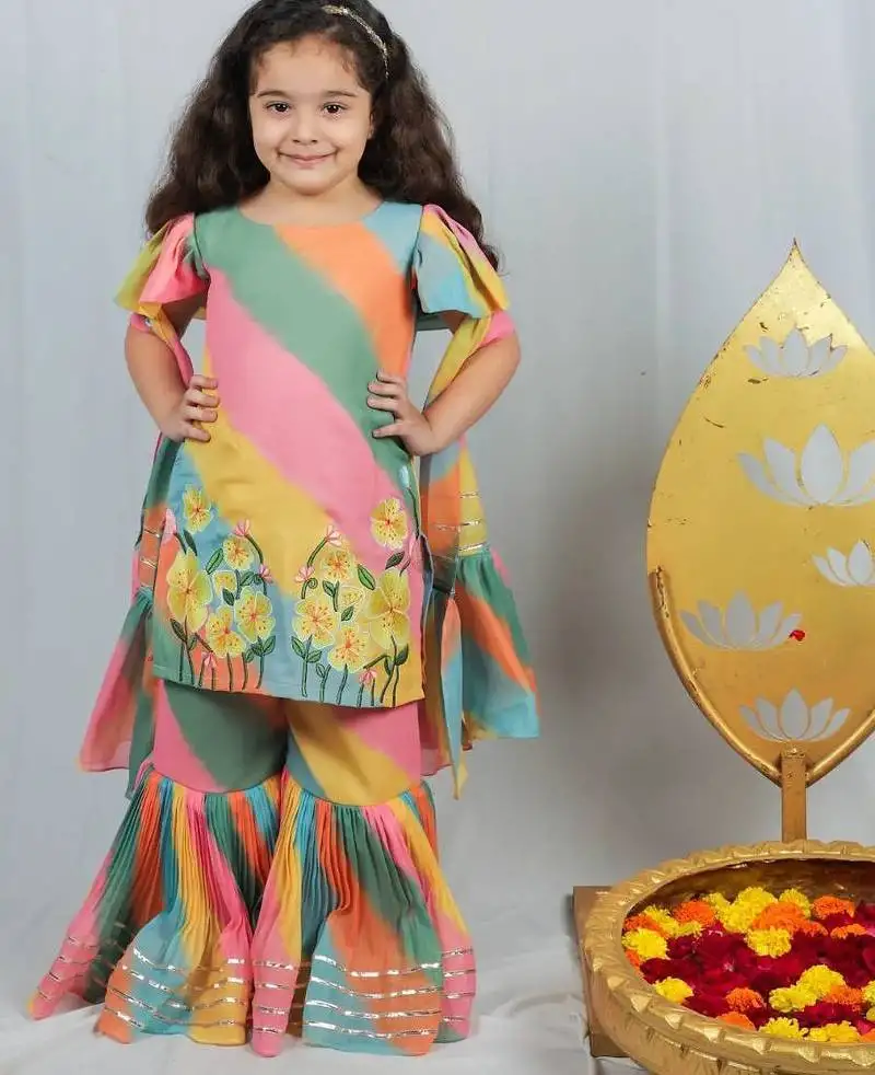 Multi colour leheriya print sharara set for kids