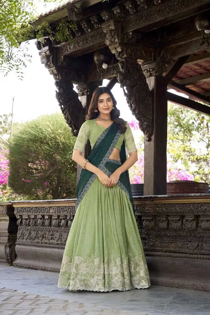 Green sequins gold crush fabric lehenga choli with dupatta