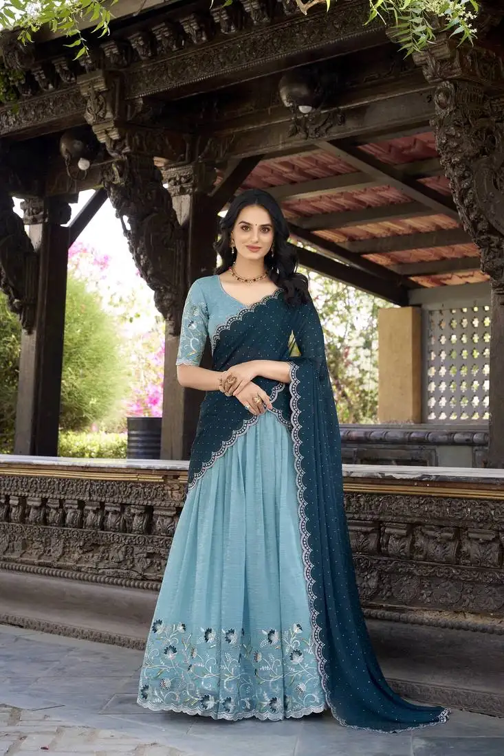 Sky blue sequins gold crush fabric lehenga choli with dupatta