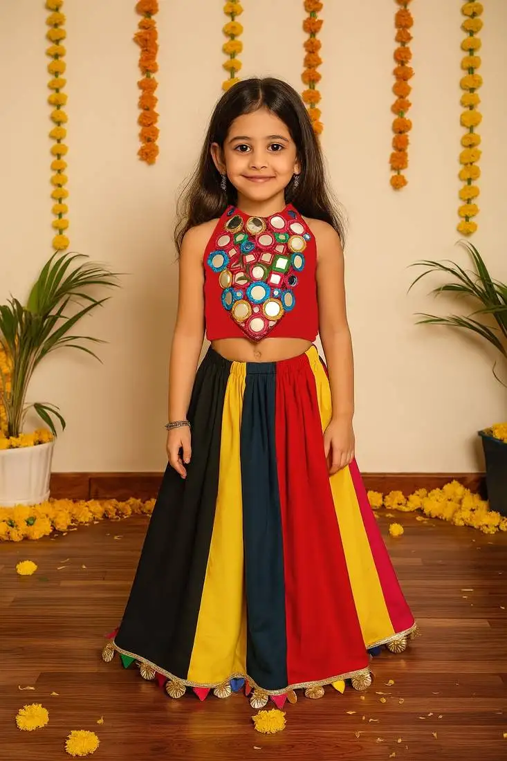 Navratri multicolor rayon lehenga set for girls