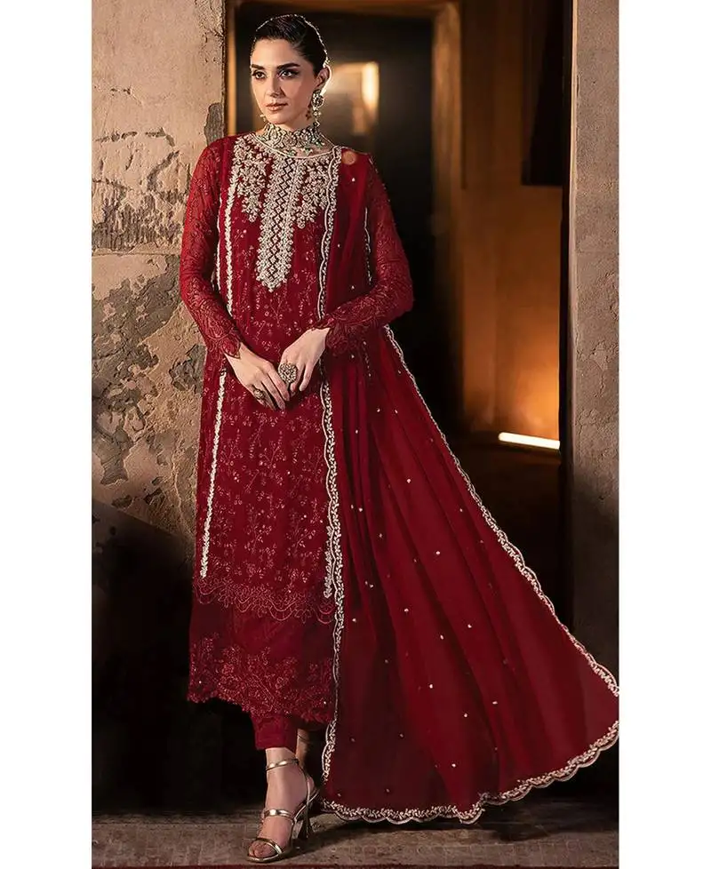 Fancy long red georgette pakistani straight suit for women semi stitched