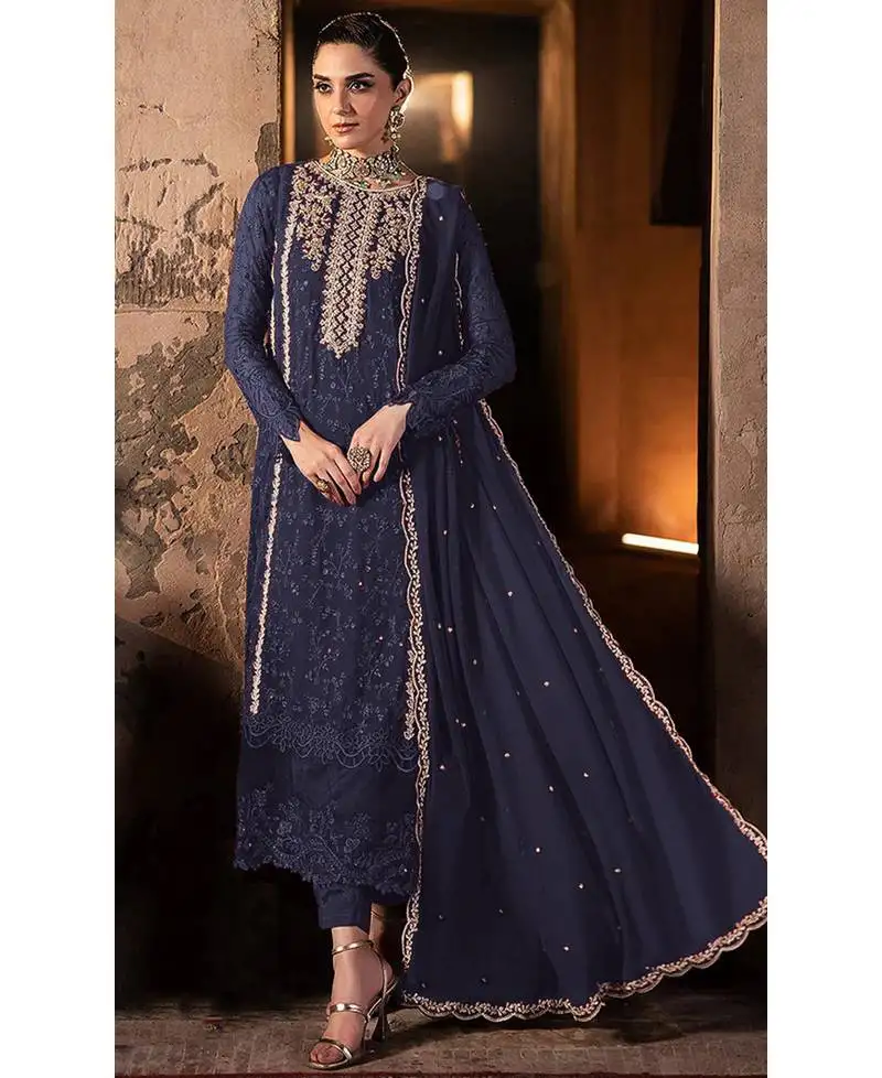 Fancy long navy blue georgette pakistani straight suit for women semi stitched