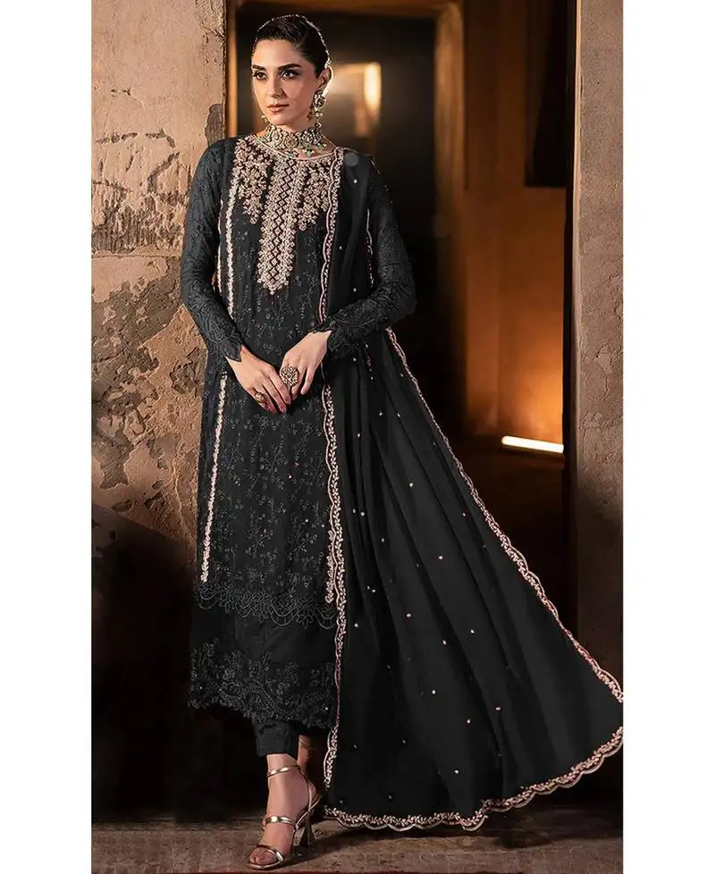 Fancy long black georgette pakistani straight suit for women semi stitched