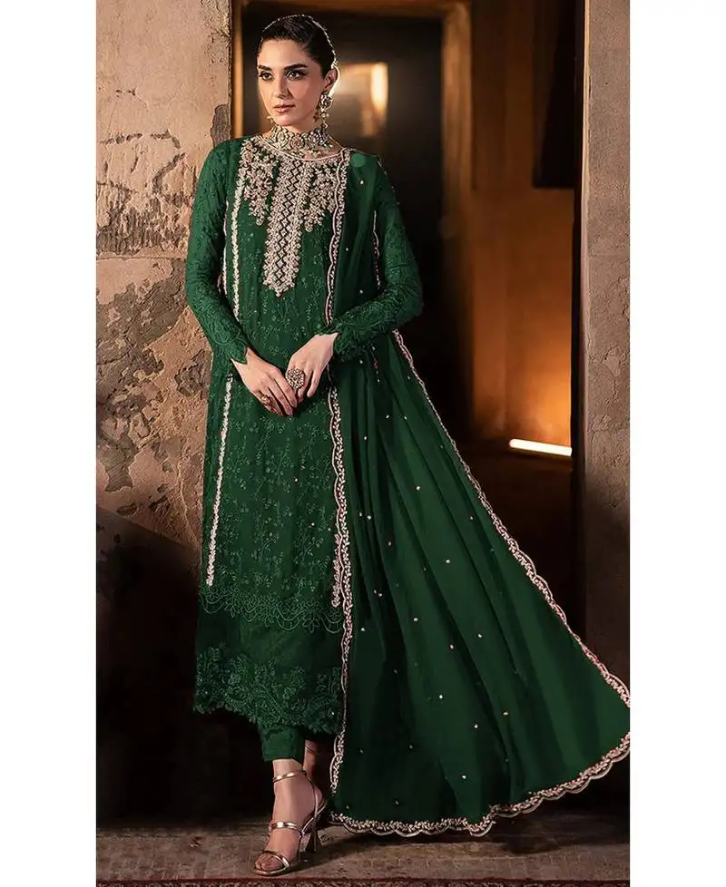 Fancy long green georgette pakistani straight suit for women semi stitched