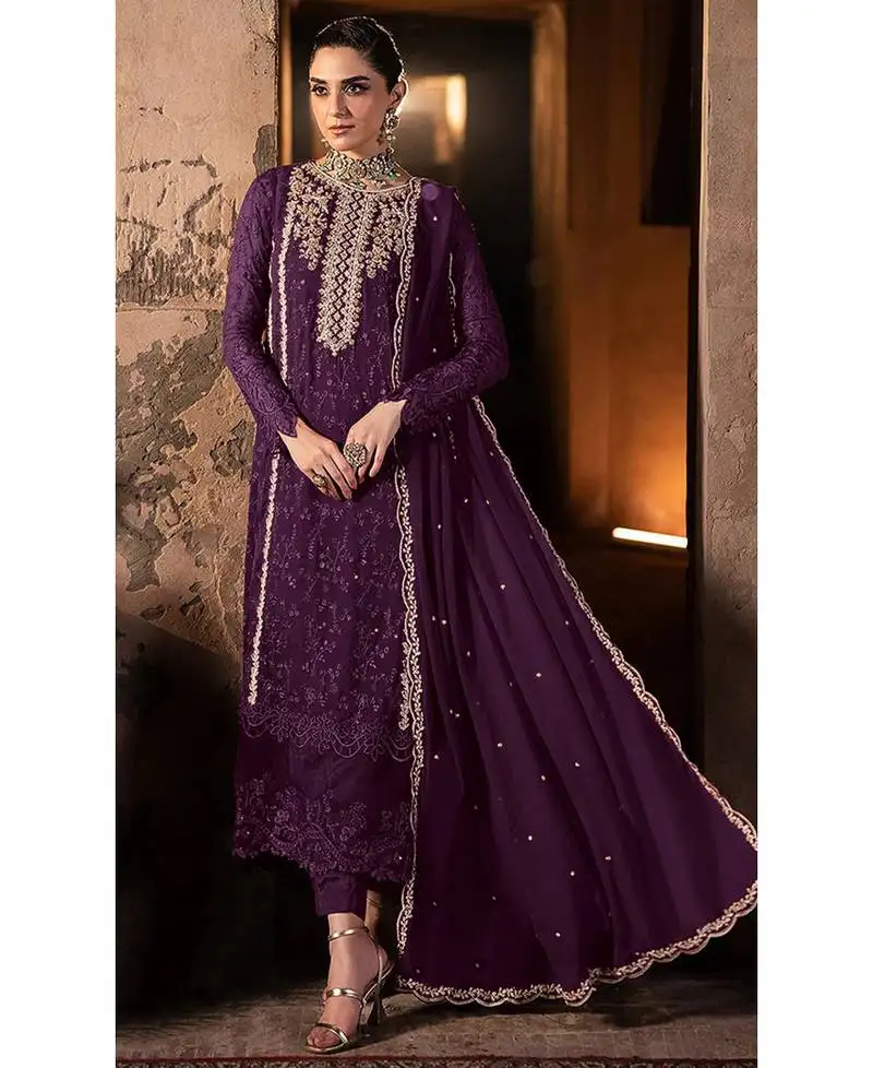 Fancy long purple georgette pakistani straight suit for women semi stitched
