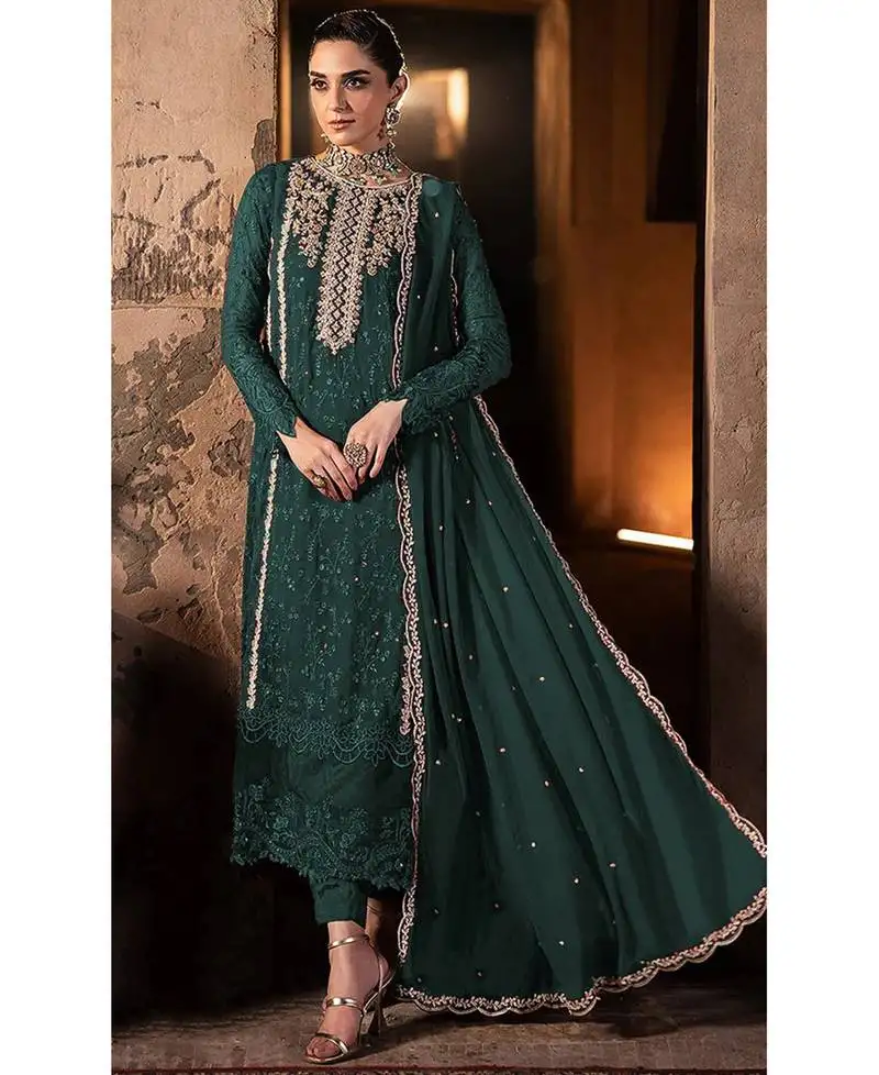 Fancy long rama green georgette pakistani straight suit for women semi stitched