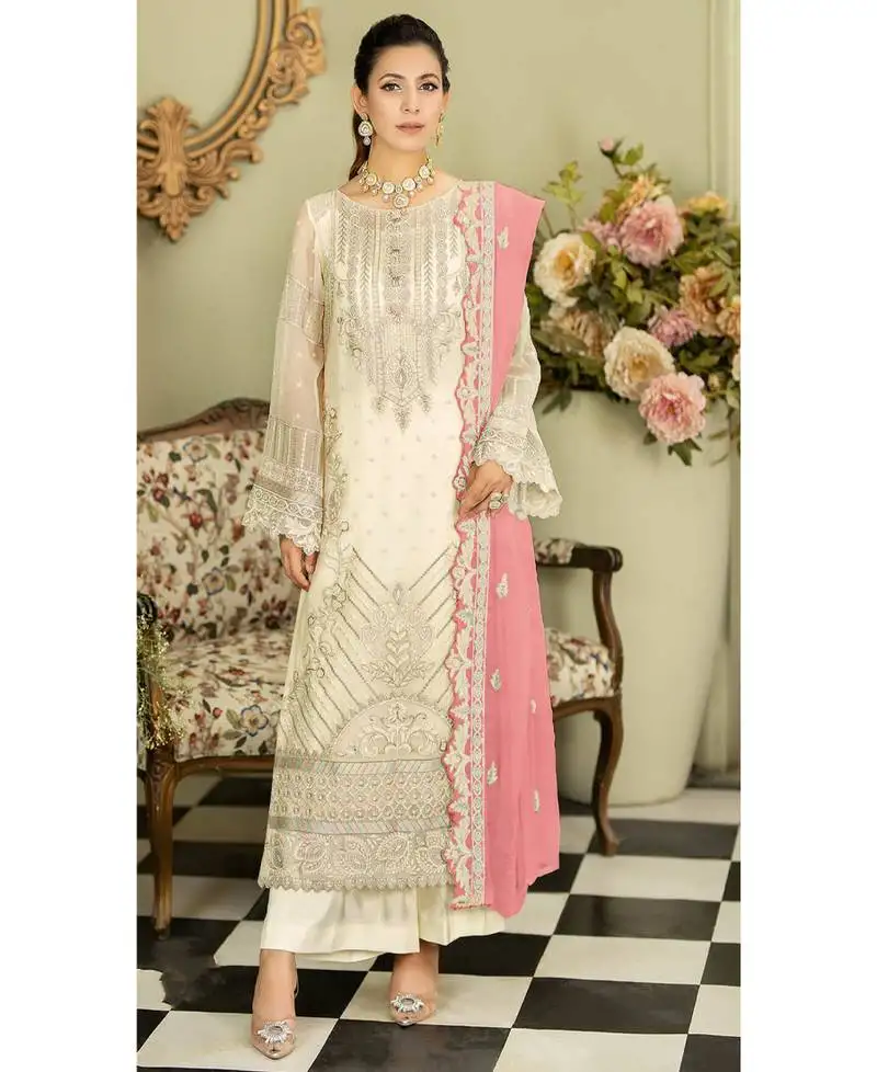White georgette knee length pakistani straight suit for women semi stitched
