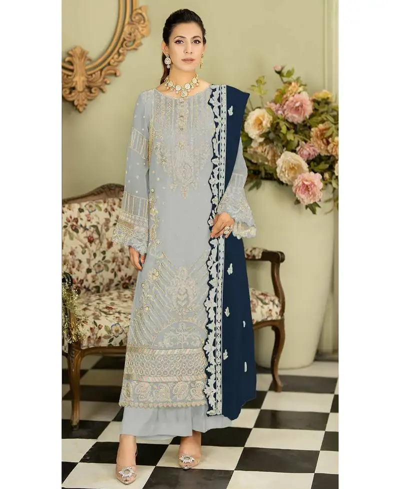 Baby blue georgette knee length pakistani straight suit for women semi stitched