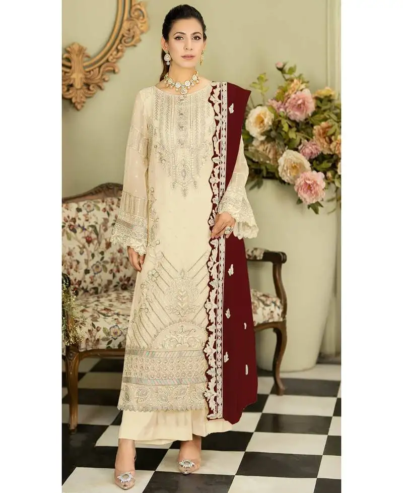 Off white georgette knee length pakistani straight suit for women semi stitched