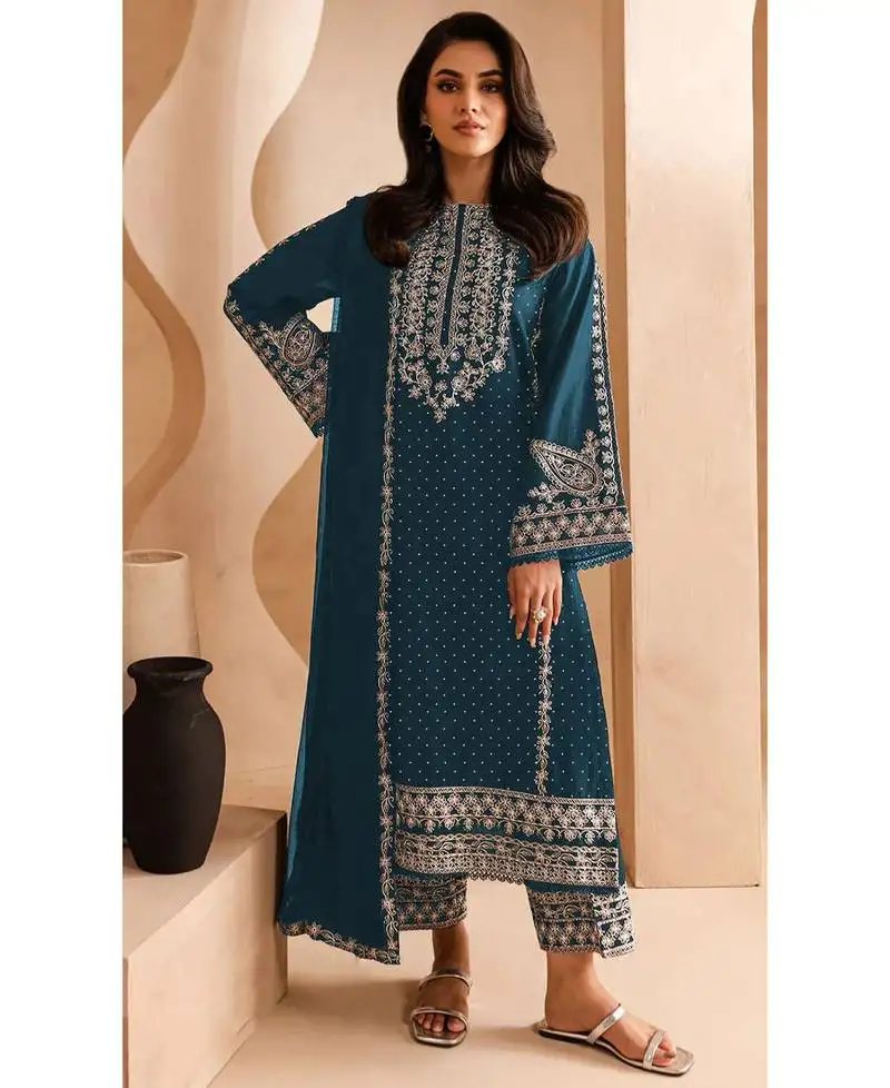 Teal blue georgette heavy lon pakistani straight suit for women semi stitched