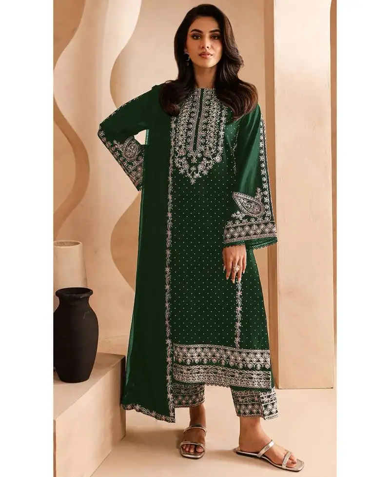 Green georgette heavy lon pakistani straight suit for women semi stitched