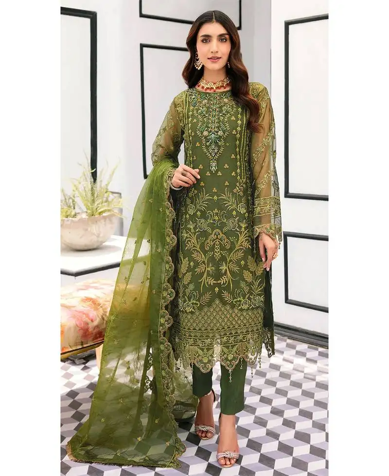 Elegant green organza pakistani suit for women semi stitched