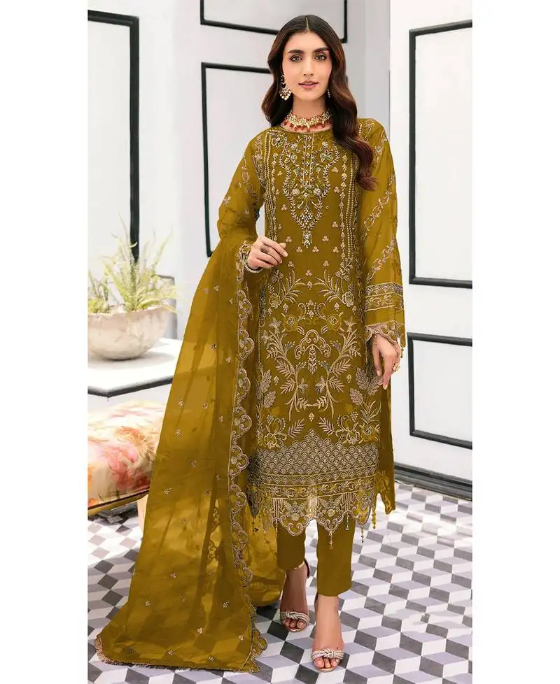 Elegant yellow organza pakistani suit for women semi stitched