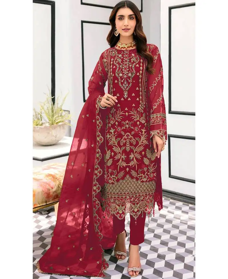 Red organza pakistani suit for women semi stitched