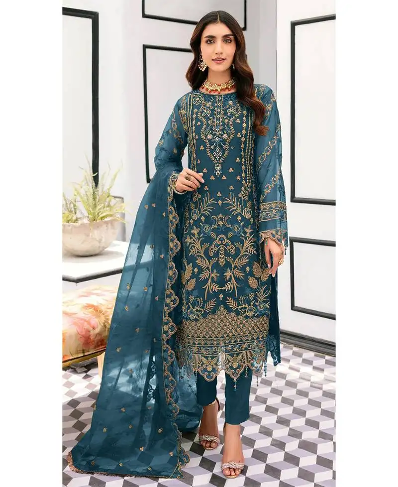 Elegant blue organza pakistani suit for women semi stitched