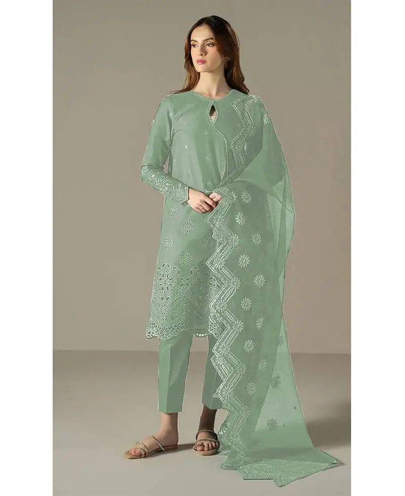 New summer wear pista green cotton pakistani suit for women semi stitched