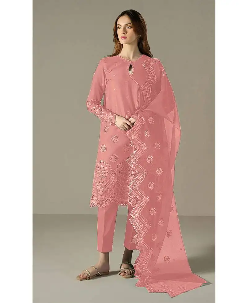 New summer wear peach cotton pakistani suit for women semi stitched