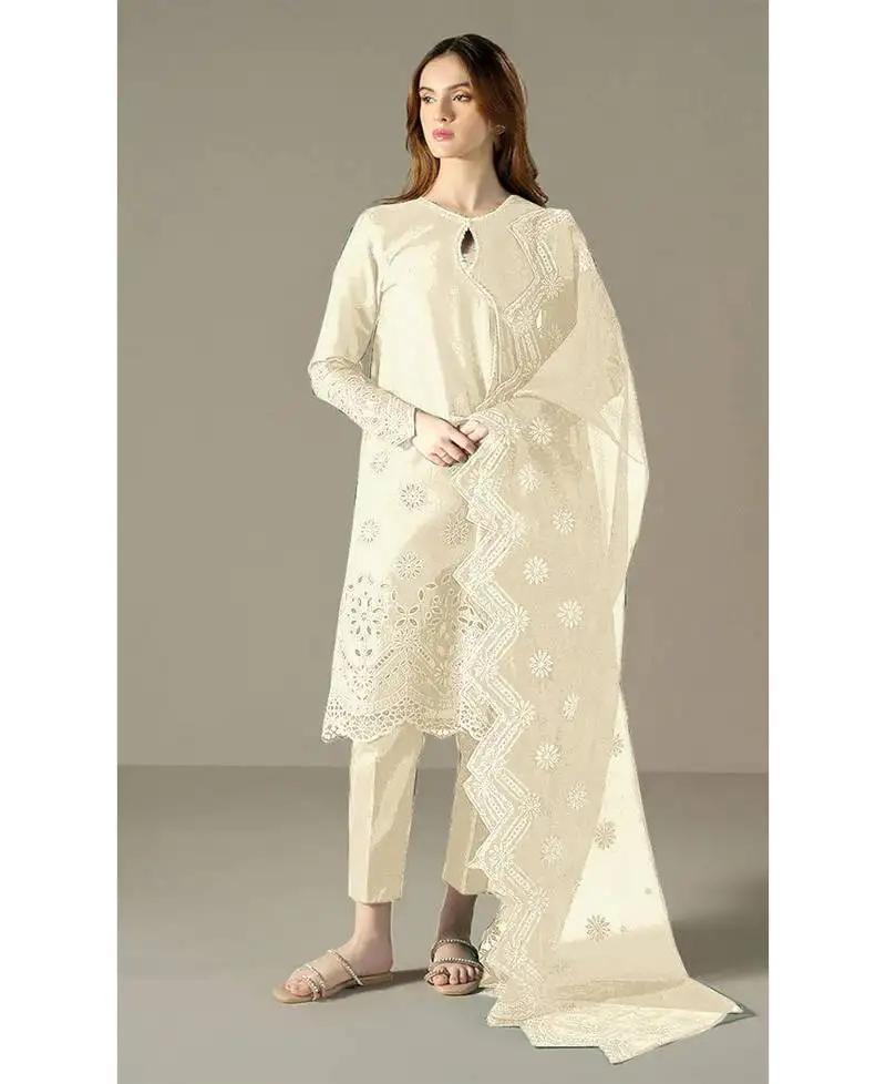 New summer wear white cotton pakistani suit for women semi stitched