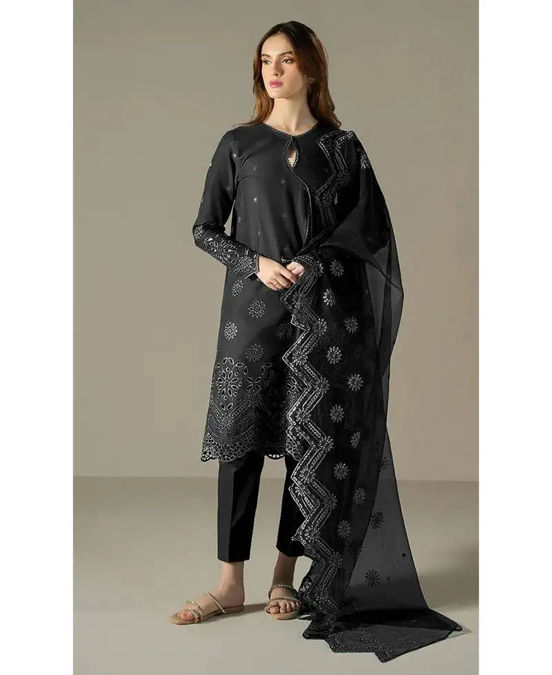 New summer wear black cotton pakistani suit for women semi stitched