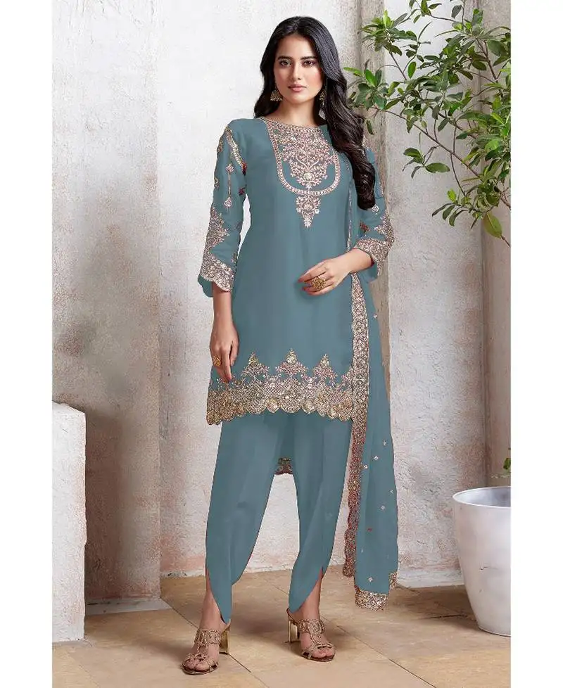 Traditional sky blue georgette patiyala style suit for women semi stitched