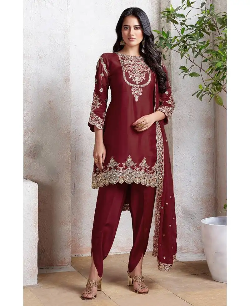 Traditional maroon georgette patiyala style suit for women semi stitched