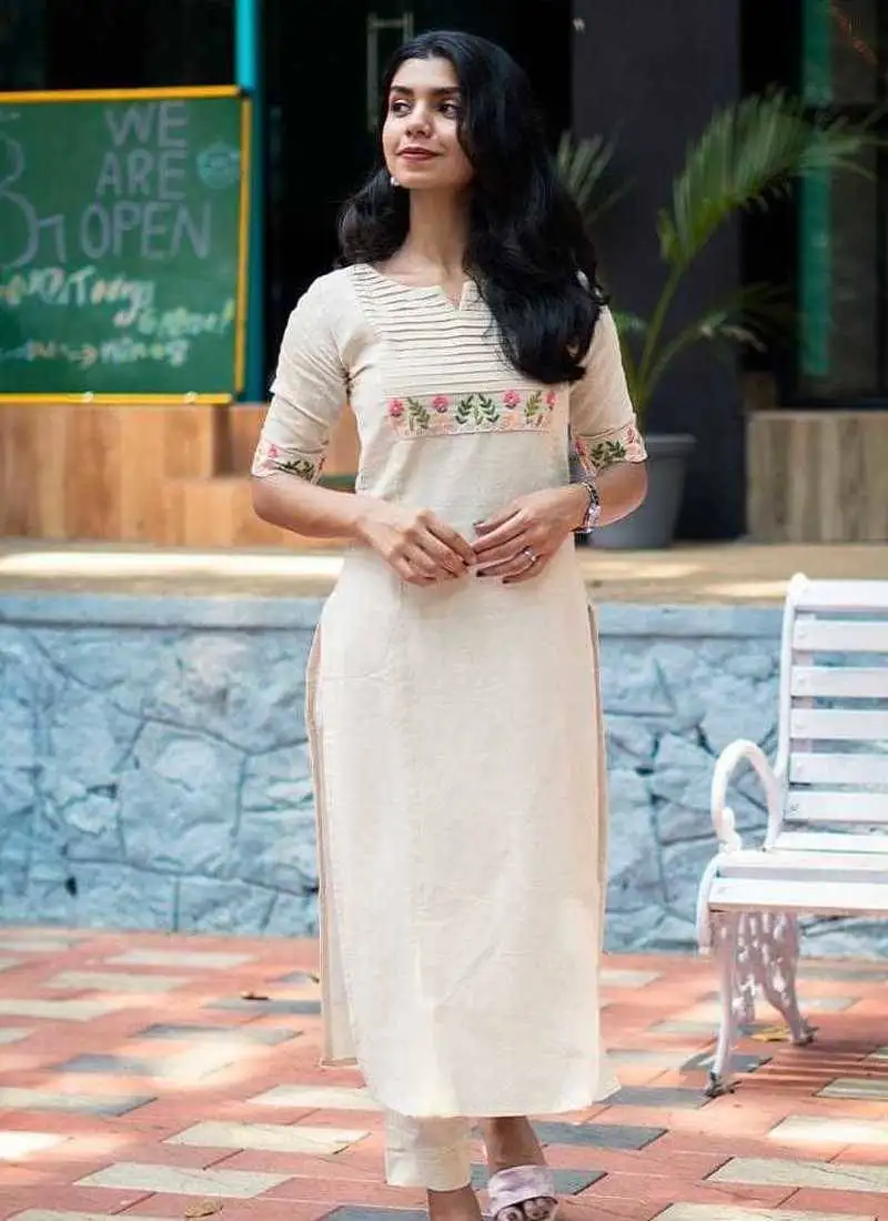 Off white embroidered cotton kurta and pant set