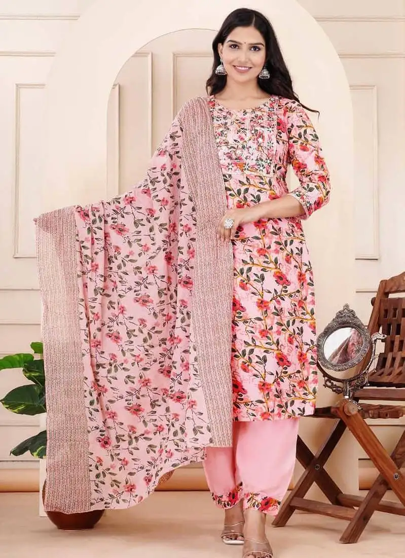 Blush pink embroidered floral kurta set with dupatta