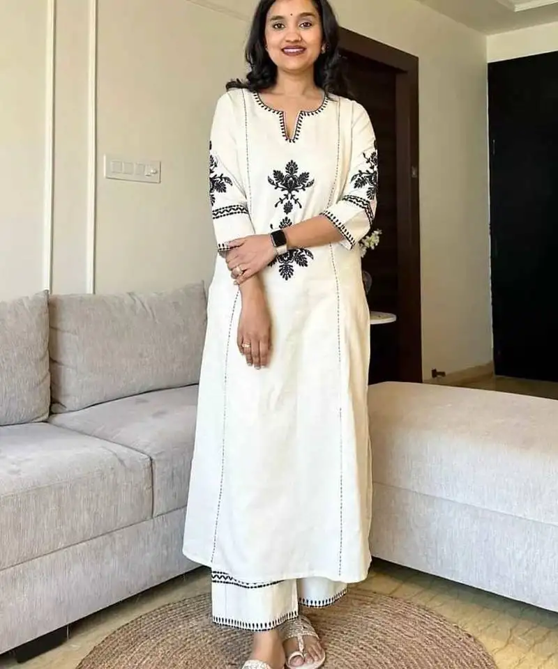 Off white embroidered south cotton kurta and pant set