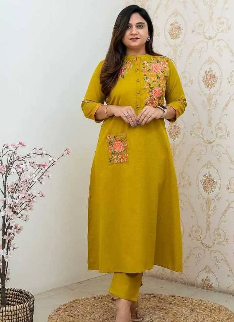 Mustard yellow embroidered cotton kurta and pant set