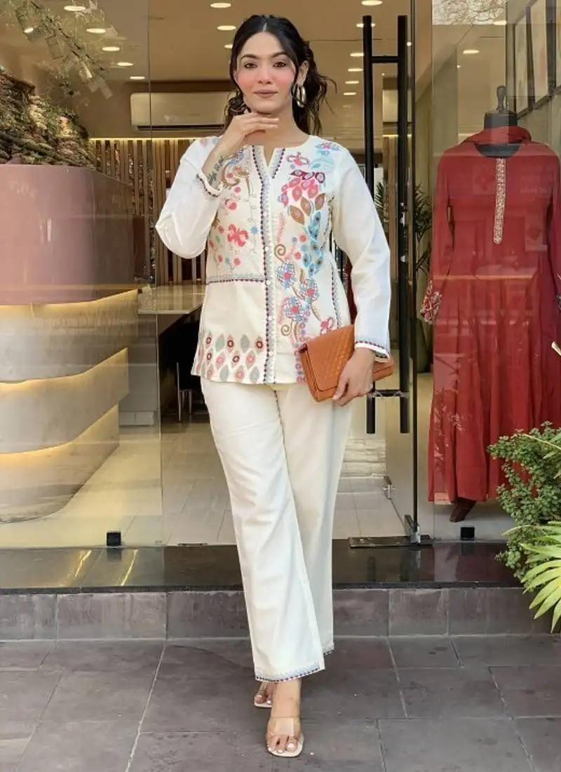 White multicolor embroidered cotton co-ord set