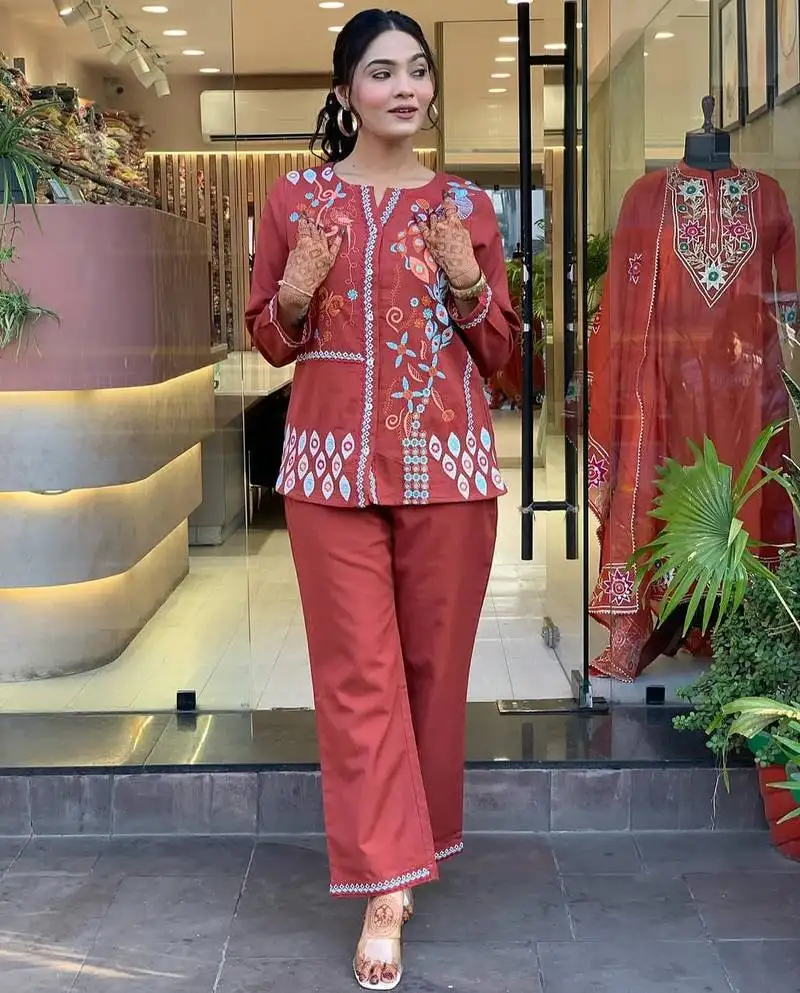 Rust red multicolor embroidered cotton co-ord set