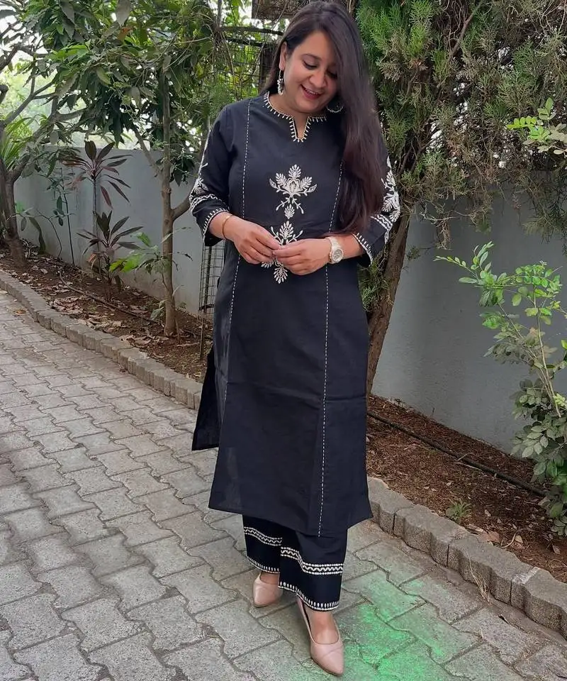 Black embroidered south cotton kurta and pant set
