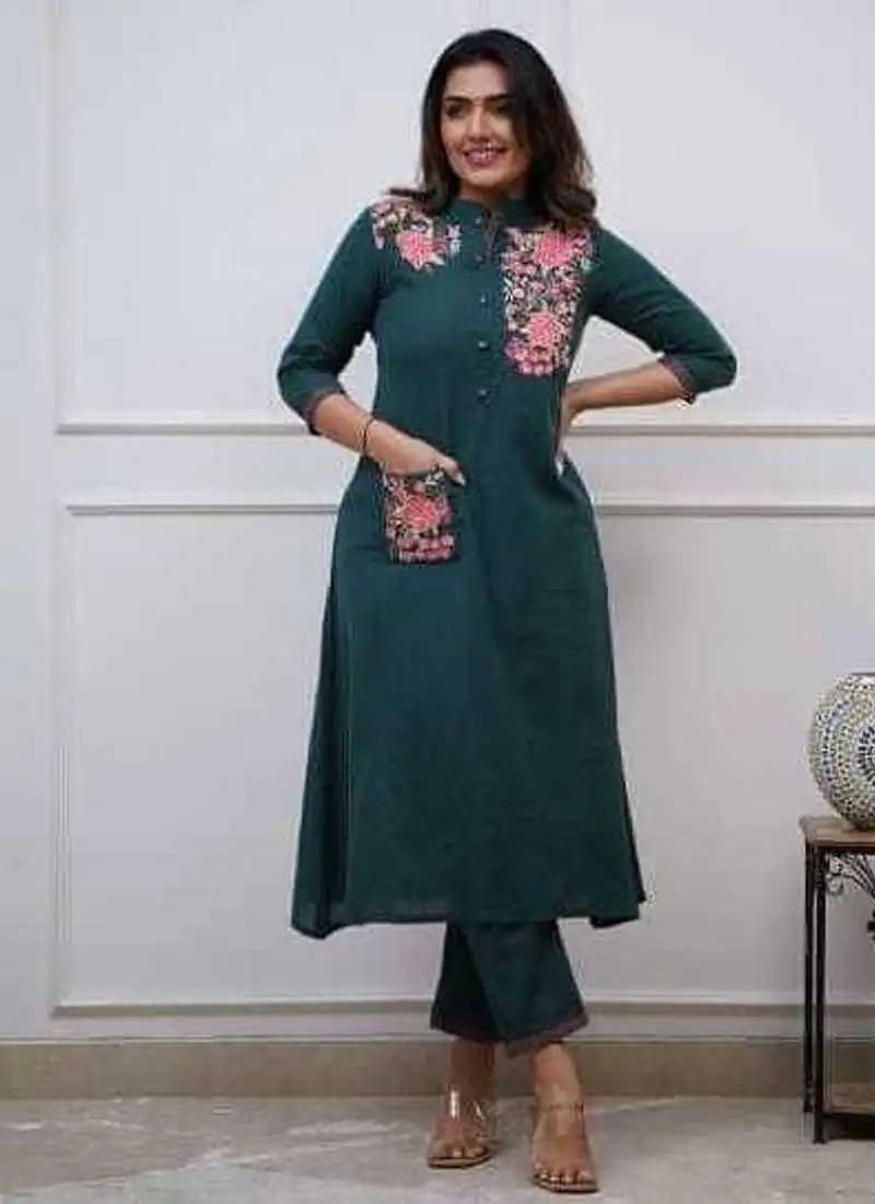 Green embroidered cotton kurta and pant set