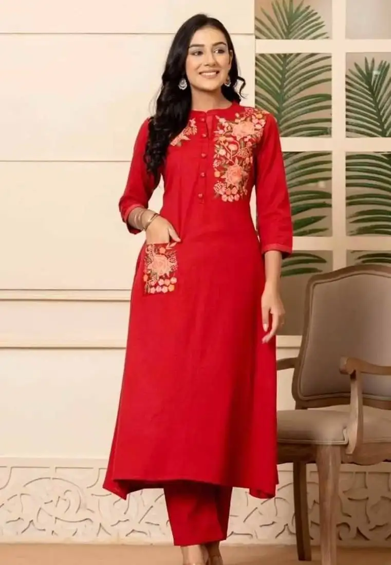 Red embroidered cotton kurta and pant set