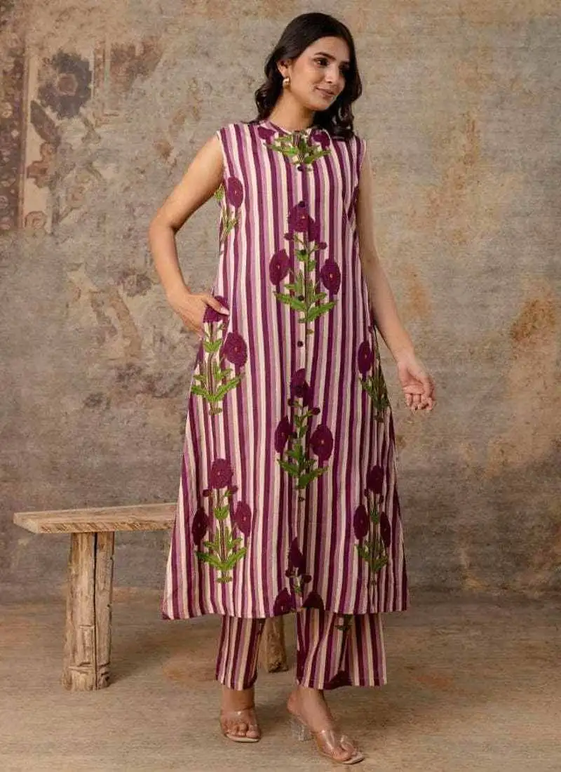 Magenta striped floral sleeveless cotton kurta set