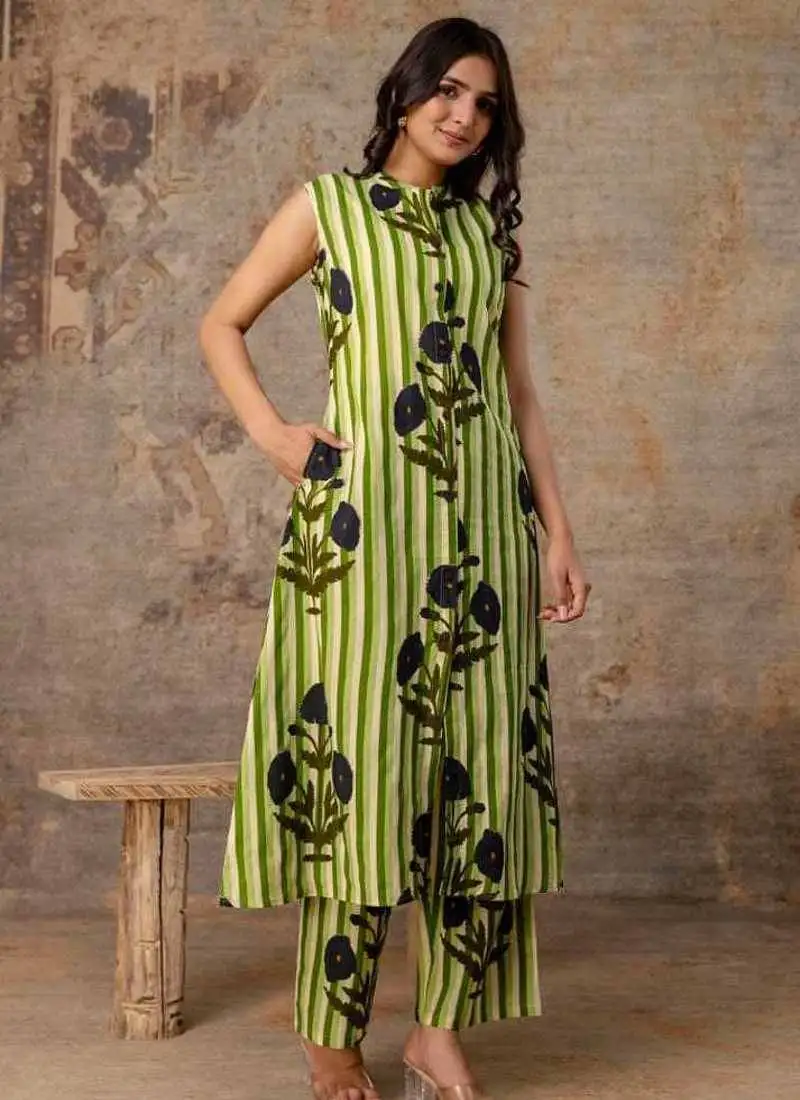Green striped floral sleeveless cotton kurta set