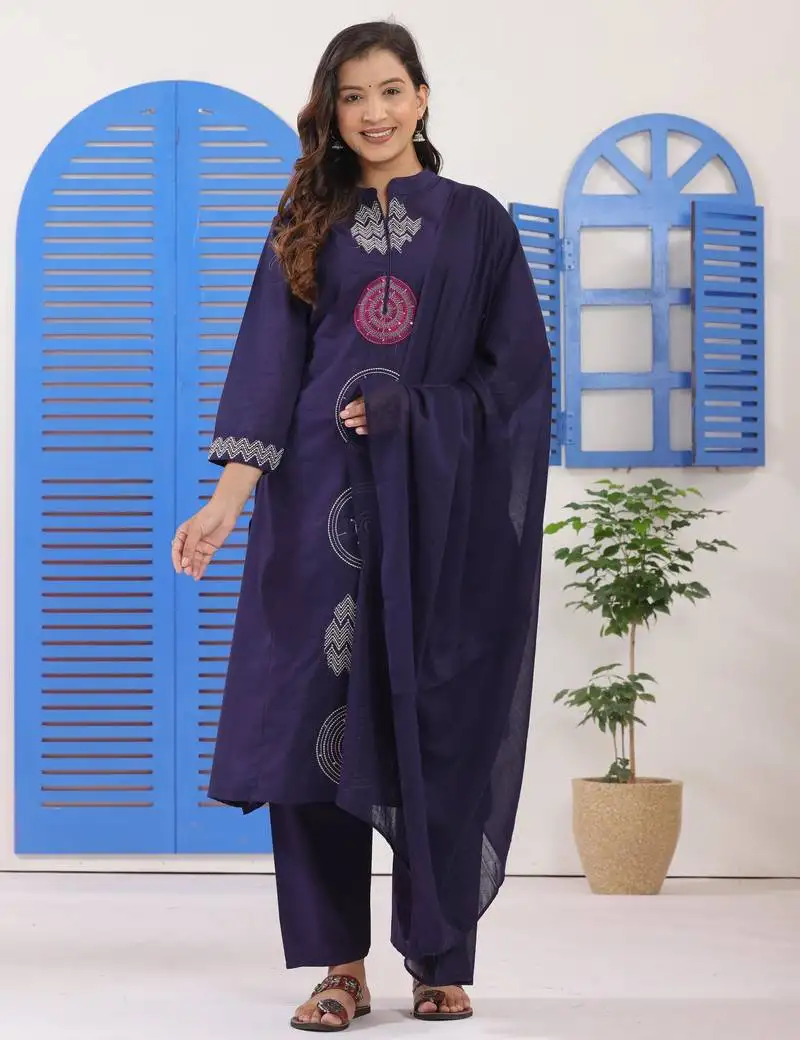 Navy blue embroidered cotton suit set with dupatta