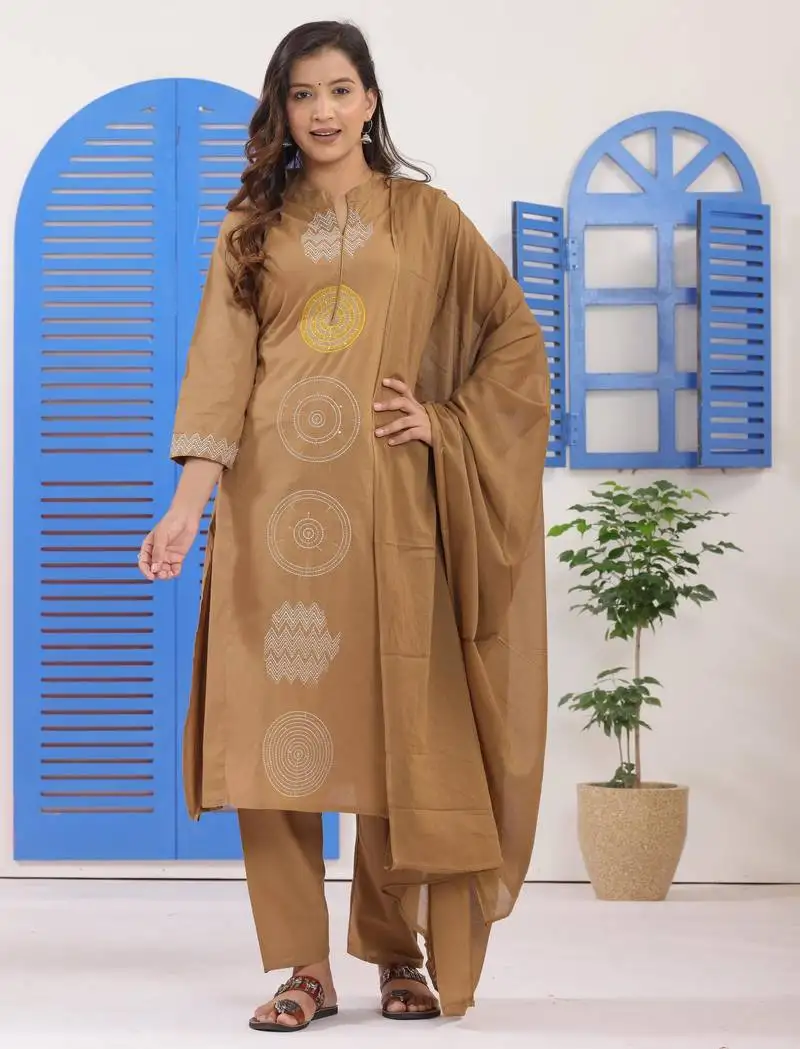 Dark beige embroidered cotton suit set with dupatta