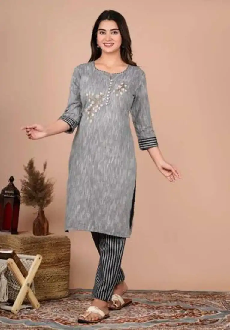 Grey striped cotton embroidered kurta pant set