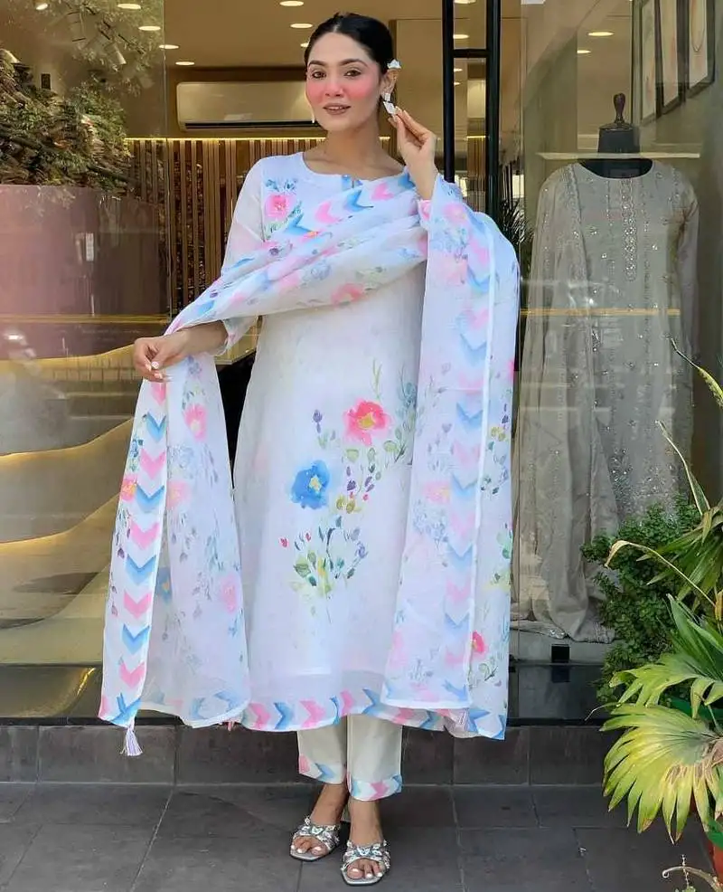 White floral printed linen kurta set with pastel dupatta